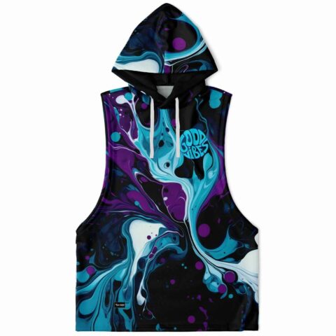 Sleeveless hoodie with vibrant blue and purple swirl design