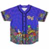 Front view of purple checkered Beyond Wonderland fan rave baseball jersey with psychedelic mushroom garden and white rabbit graphic