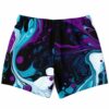 Black liquid marble rave swim trunks back view showing full swirl pattern with purple accents
