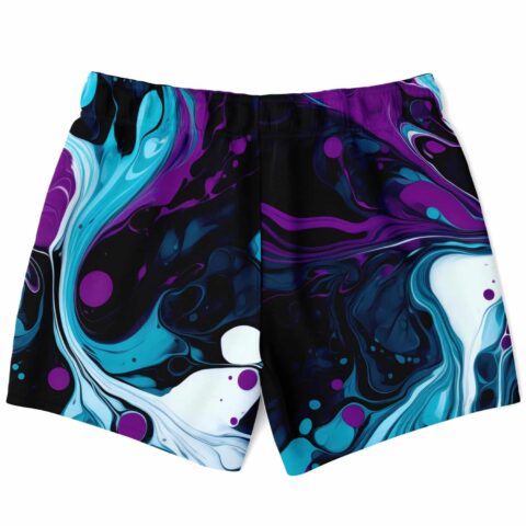 Black liquid marble rave swim trunks back view showing full swirl pattern with purple accents