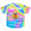 Back view of rainbow holographic rave baseball jersey with custom name lettering, rubber duck graphic and positive phrases