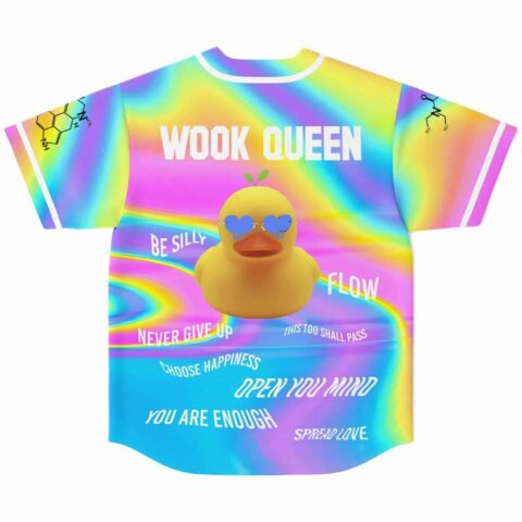 Rainbow holographic jersey back with Wook Queen text, rubber duck graphic and positive phrases