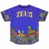 Back view of purple psychedelic Beyond Wonderland fan rave baseball jersey with custom name and neon mushroom forest print