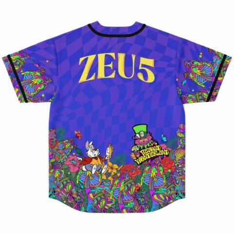 back view of purple psychedelic jersey with ZEU5 text and neon mushroom forest print
