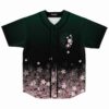 Dark green rave baseball jersey with cherry blossom fade and fox emblem, front view