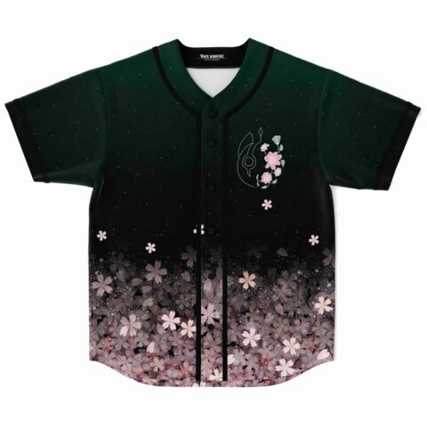 Dark green rave baseball jersey with cherry blossom fade and fox emblem, front view