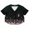 Black rave cropped baseball jersey with floral gradient and lotus design