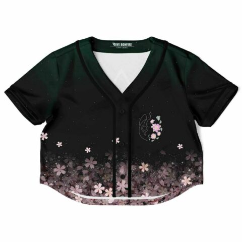 Black cropped baseball jersey with floral gradient and lotus design