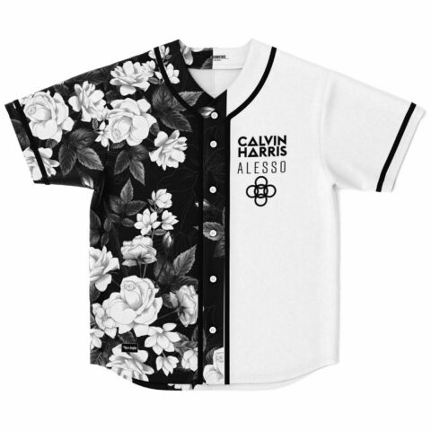 Black white rose floral rave baseball jersey front view flat lay with split panel design
