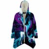 Purple marbled fluid rave cloak open front view with cream fleece hood lining