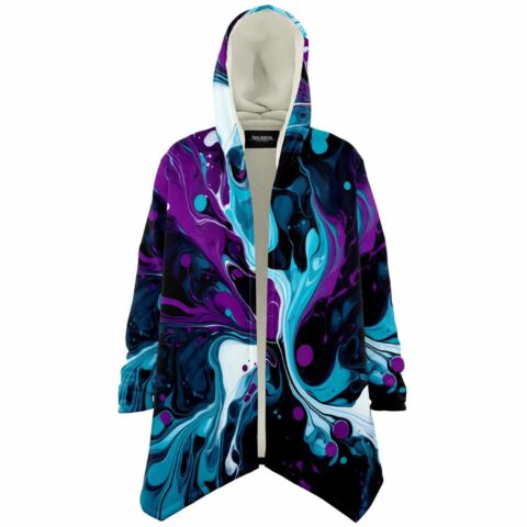 Purple marbled fluid rave cloak open front view with cream fleece hood lining