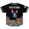 Back view reading Stay Weird with dripping cartoon-style creature graphic over starry black jersey