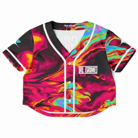 Cropped baseball jersey with vibrant pink and blue marbled design