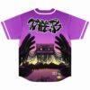 Tape B purple rave baseball jersey back view with graffiti text and sunset lake print