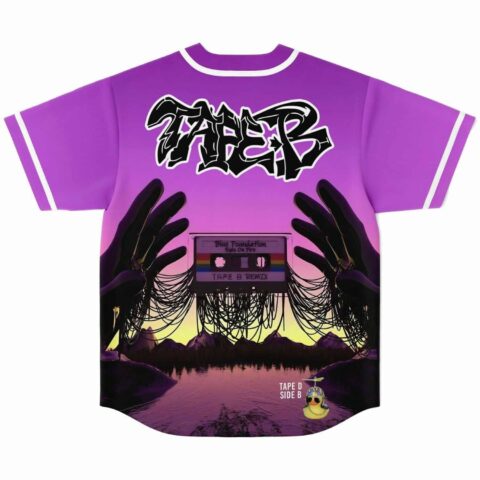 Tape B purple rave baseball jersey back view with graffiti text and sunset lake print