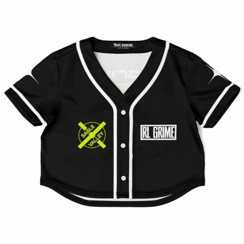 Black cropped baseball jersey with white accents and bold graphics