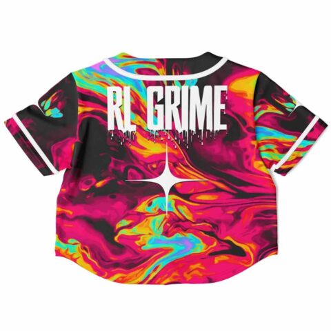 Back view of cropped jersey featuring bold white graphic elements