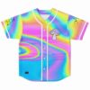 Front view of rainbow holographic rave baseball jersey with purple mushroom graphic and molecule sleeve prints
