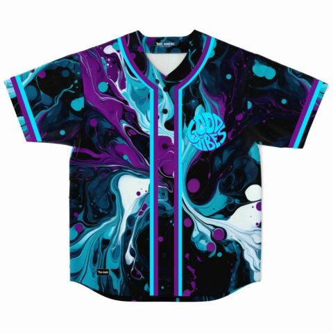 Teal and purple fluid marble rave baseball jersey front view with Good Vibes circle logo