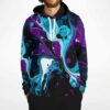 close-up front view of purple marble hoodie showing swirled pattern and teal Good Vibes logo