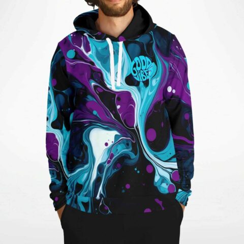 close-up front view of purple marble hoodie showing swirled pattern and teal Good Vibes logo