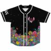 Front view of black galaxy rave baseball jersey with trippy melting creature and psychedelic mushroom