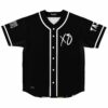 Black rave baseball jersey with XO script and heart on front, white pinstripe placket