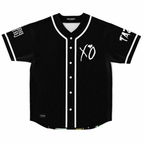 Black rave baseball jersey with XO script and heart on front, white pinstripe placket