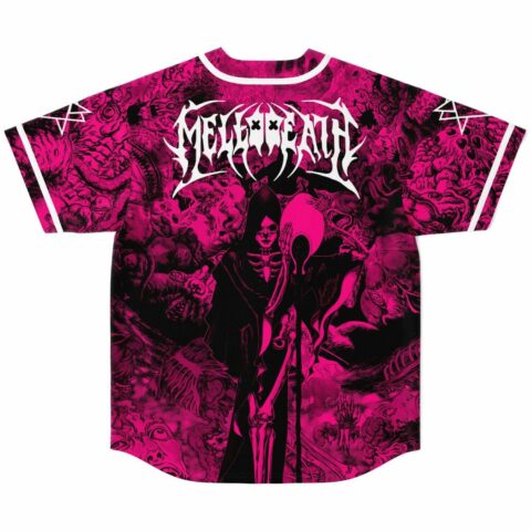 Back view of pink horror print jersey showing hooded reaper graphic and Mellodeath text