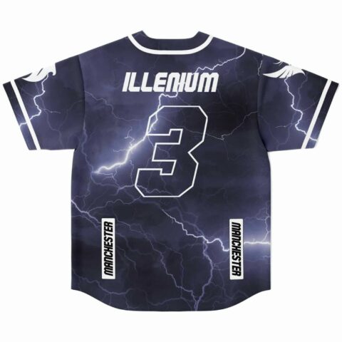 Dark navy jersey back view with lightning storm print and text ILLENIUM 3 MANCHESTER