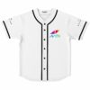 White baseball jersey front view with black button placket and colorful triangle logo on chest