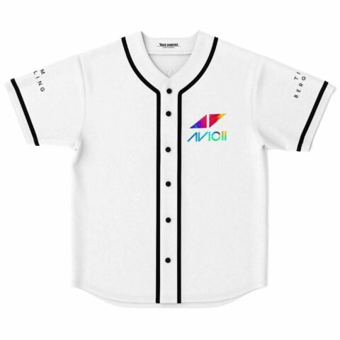 White baseball jersey front view with black button placket and colorful triangle logo on chest