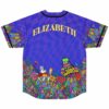 Back view of purple psychedelic Beyond Wonderland fan rave baseball jersey with custom name above mushroom forest and rabbit design