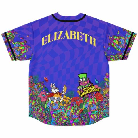 Purple psychedelic jersey back view with Elizabeth name text above mushroom forest and rabbit design