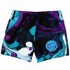 Black liquid marble swim trunks, teal and purple swirl print, front view, Good Vibes logo