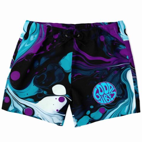 Black liquid marble swim trunks, teal and purple swirl print, front view, Good Vibes logo