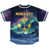 Back view of aurora sky baseball jersey with MMXXIV text and gold festival-themed emblem