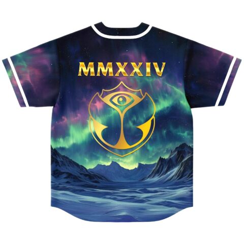 Back view of aurora sky baseball jersey with MMXXIV text and gold festival-themed emblem