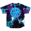 Teal and purple fluid marble rave baseball jersey back view featuring bold Good Vibes text