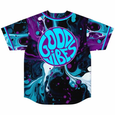 Teal and purple fluid marble rave baseball jersey back view featuring bold Good Vibes text