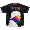 Black floral jersey back with rainbow silhouette portrait and text reading Avicii
