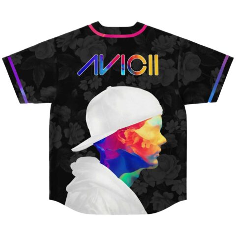 Black floral jersey back with rainbow silhouette portrait and text reading Avicii