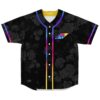 Black rose print baseball jersey with rainbow trim and tribal logo patch, front view