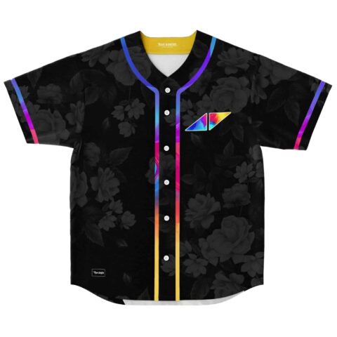 Black rose print baseball jersey with rainbow trim and tribal logo patch, front view