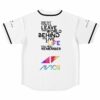 White baseball jersey back view with tribute lyric text and colorful triangle logo print