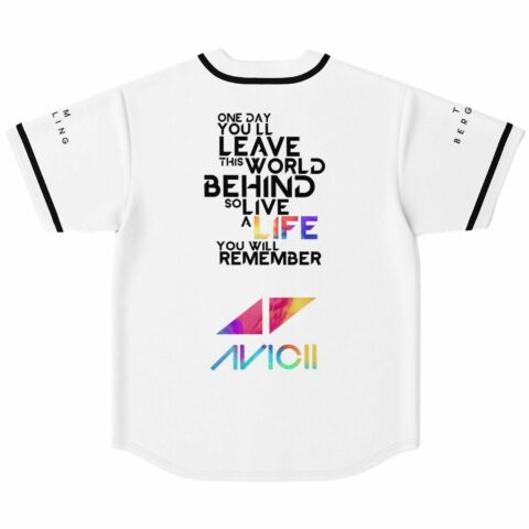 White baseball jersey back view with tribute lyric text and colorful triangle logo print