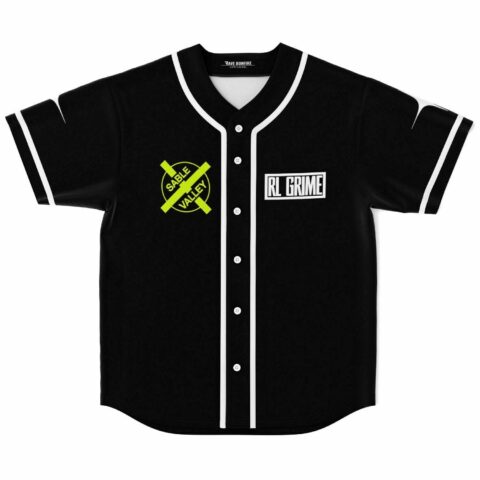 Black rave baseball jersey with neon green Sable Valley X logo and RL Grime text