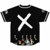Back view of black jersey with white X and anime crew raising fists above hem