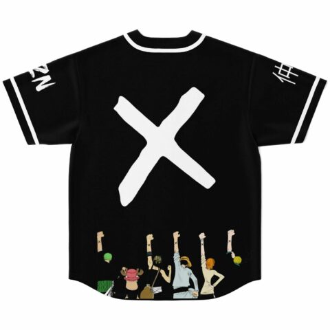 Back view of black jersey with white X and anime crew raising fists above hem