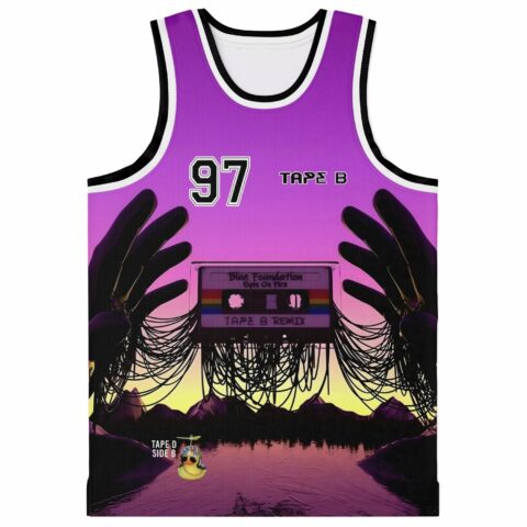 Front view of purple sunset cassette tape jersey with number 97 and Tape B text
